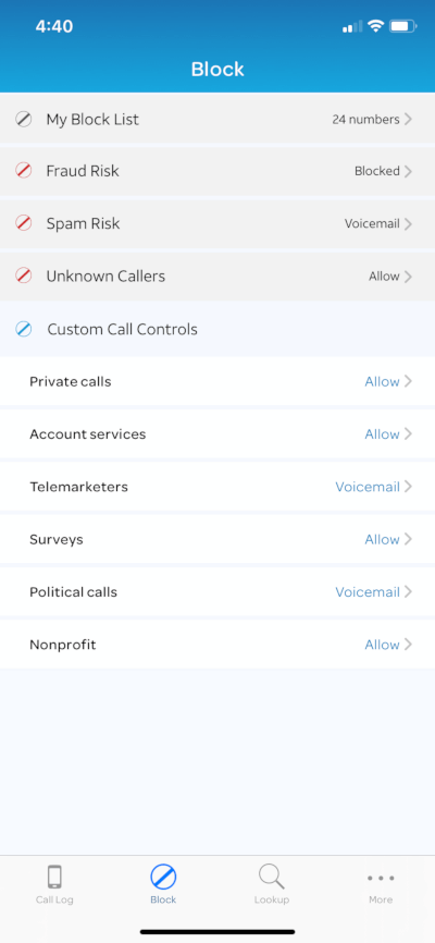 AT&T Call Protect Plus blocking options